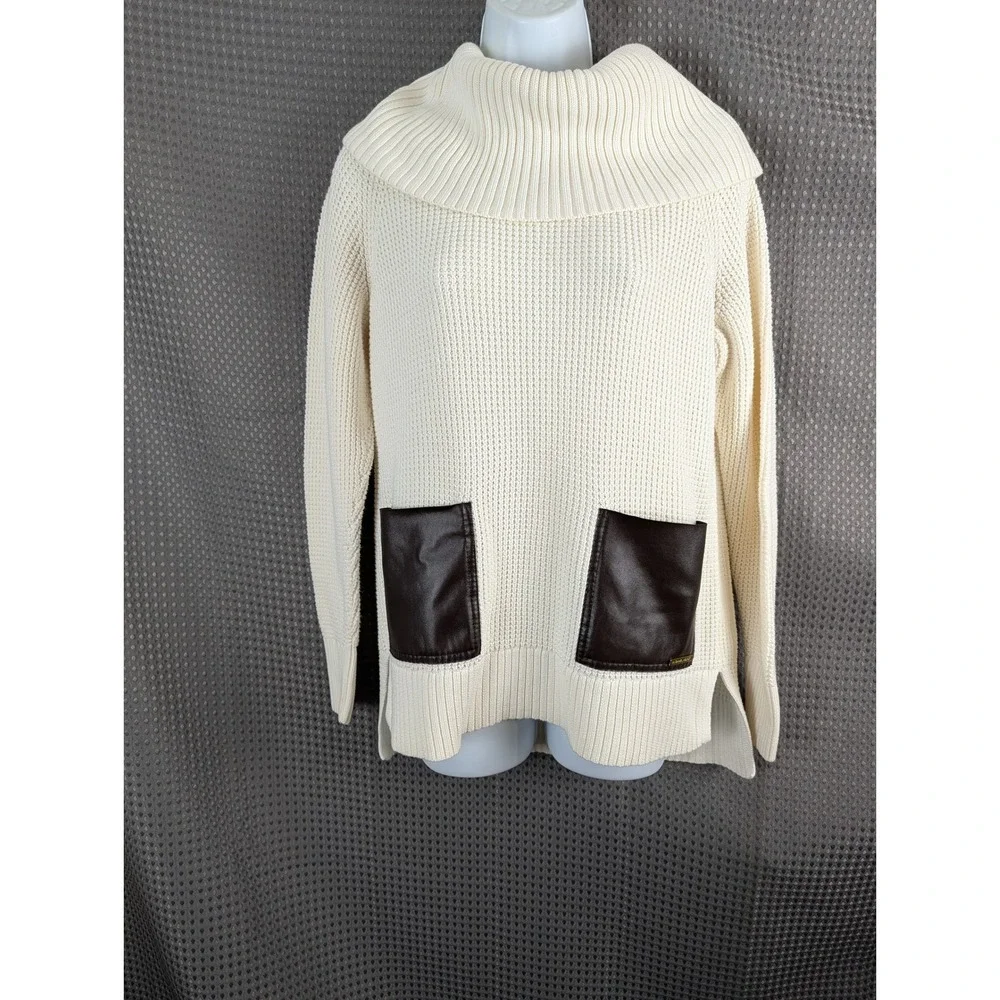 Michael‎ Kors Womens Cream Knit Cowl Neck Sweater Leather Pocket Pullover Chunky